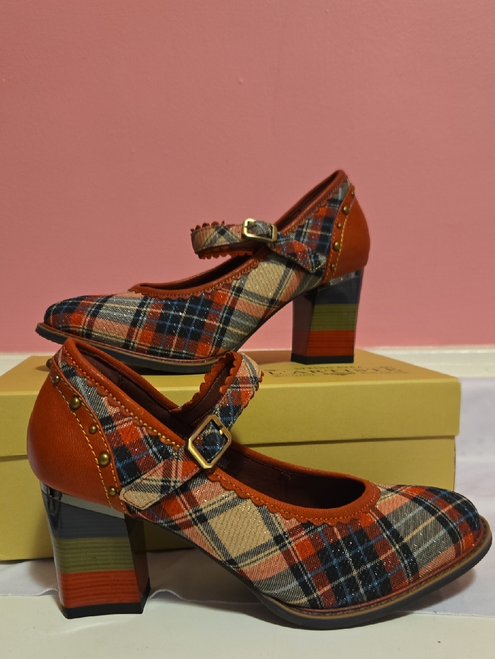 Plaid Mary Jane Block Heel Pumps in Red/multi